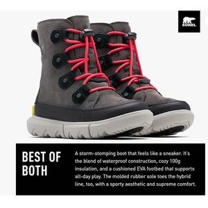 SOREL Explorer III Lace Winter Boots Big Kids Size 4 Gray/Red Waterproof NWOB